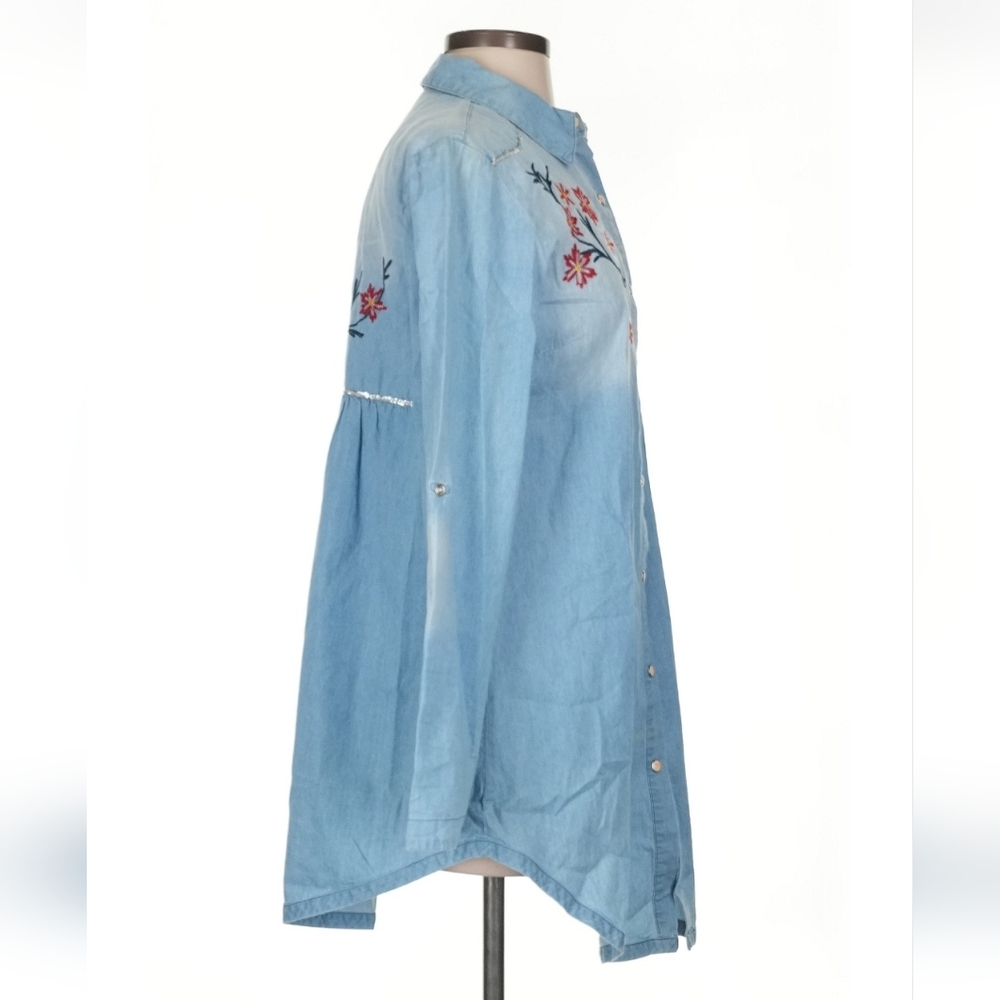 Tasha Polizzi Embroidered Denim Tunic Shirt Western Pearl Snap Small - Picture 3 of 9